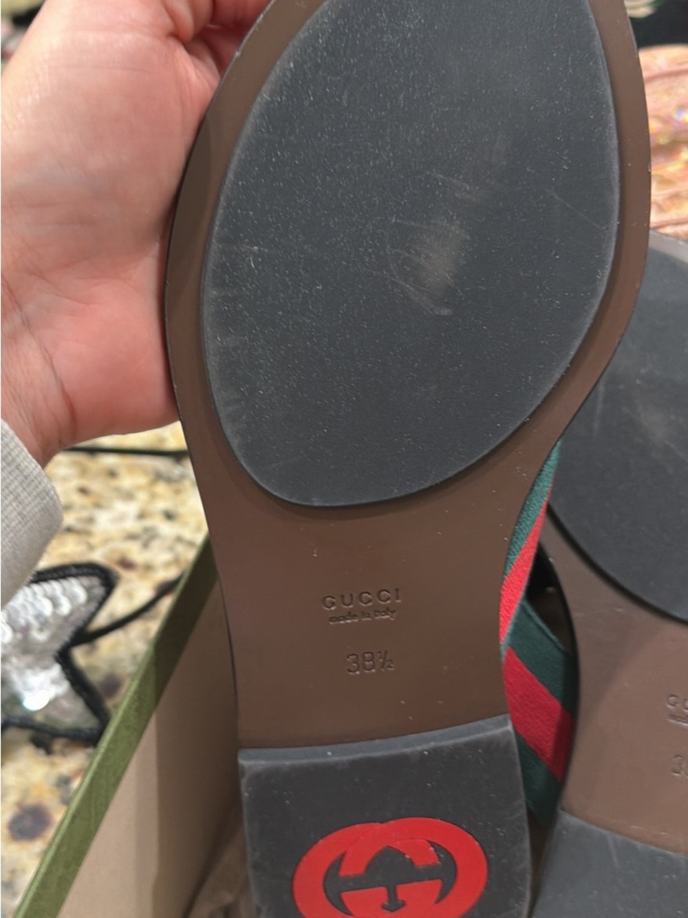 Gucci Green & Red Webbed GG Logo Kika Thong Sandals with Gold/Silver Hardware - Picture 2 of 2